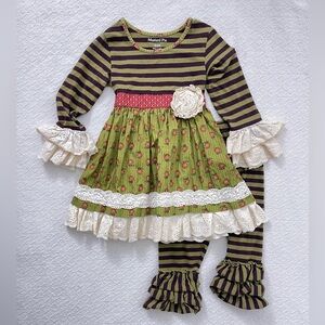 Mustard Pie Striped Green and Brown Dress and Pants with Ruffle and Lace Accents
